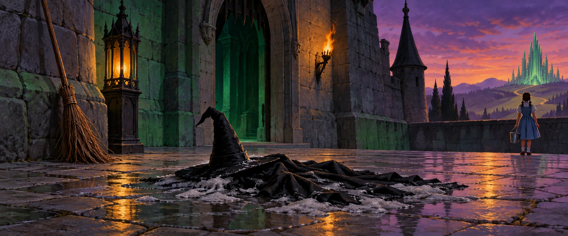 A black pointed hat and a pool of dark robes steam on the wet flagstones of a castle courtyard as a girl in gingham watches.