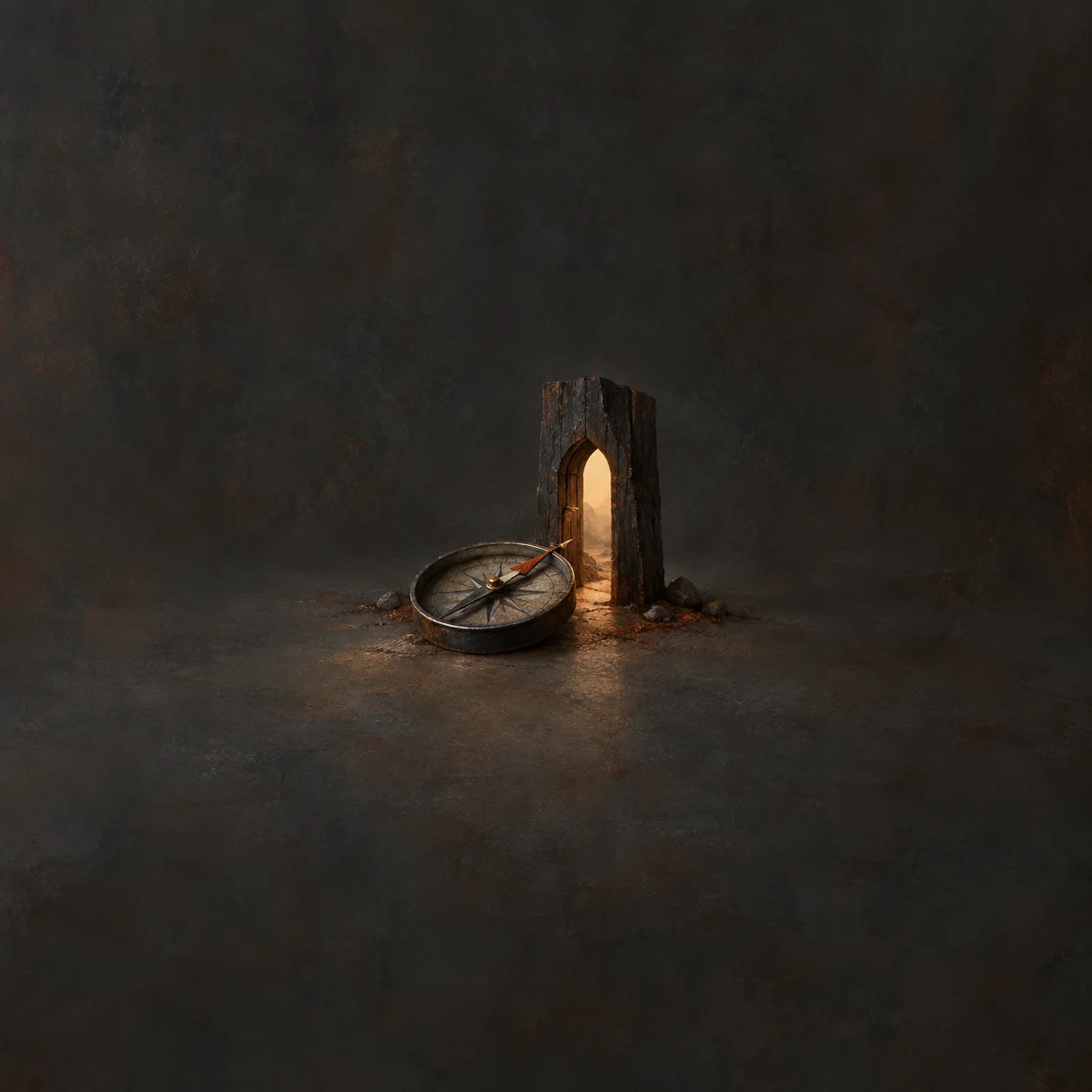 Painterly compass beside a narrow glowing doorway in a dark freestanding wall.