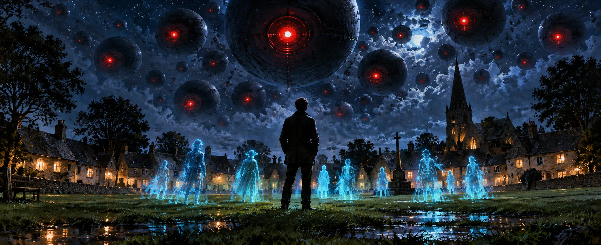 A man stands on a village green at night under a sky full of giant spheres with red eyes, ghostly blue figures around him.