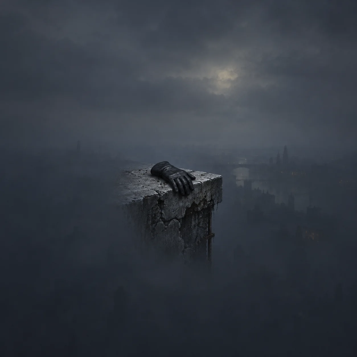 Painterly black leather glove resting on a cracked stone ledge above a misty city.