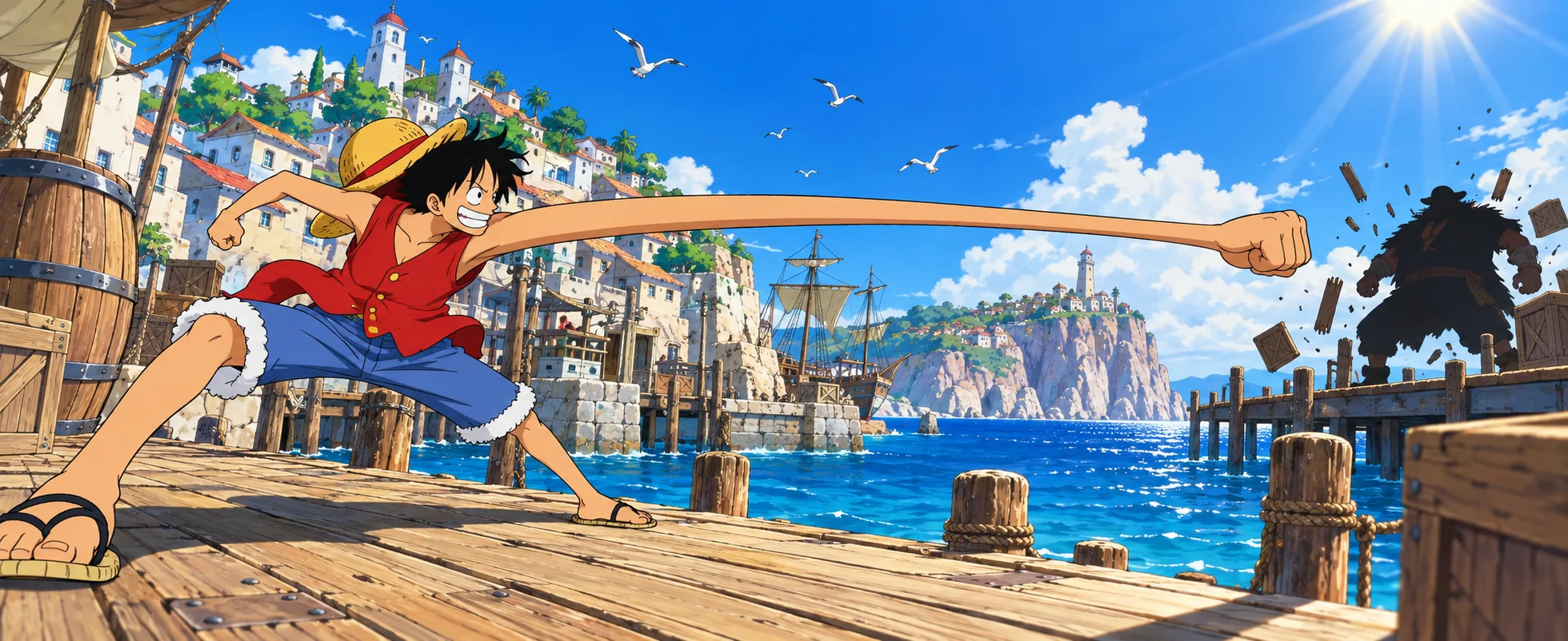 A boy in a straw hat and red vest stretches his arm far across a sunny harbour pier to punch a hulking pirate silhouette.