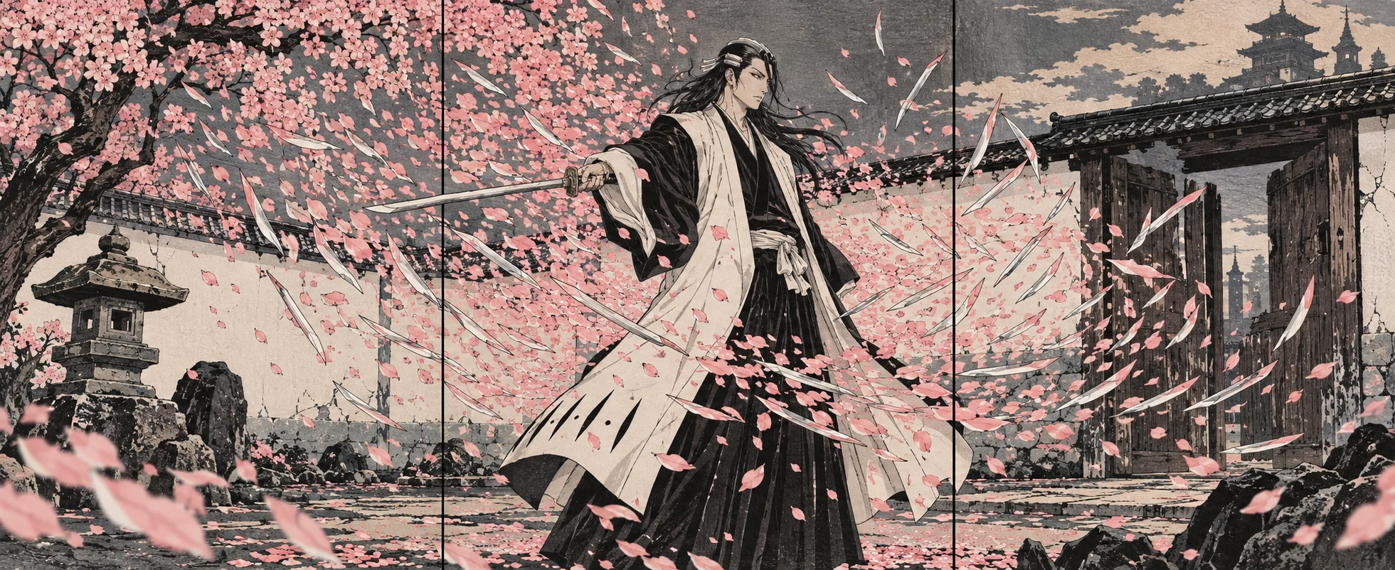 A noble swordsman in a white coat stands in a temple courtyard amid a storm of cherry-blossom petals.