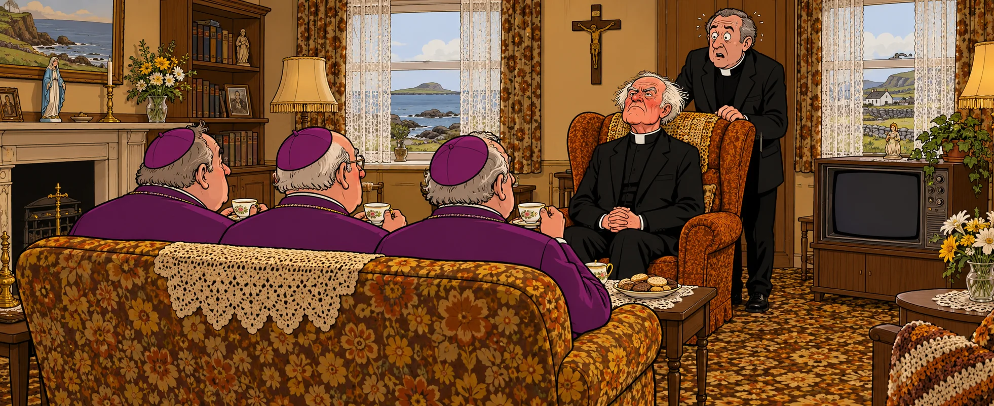 Three bishops in purple sit on a floral sofa with teacups facing Father Jack, scrubbed and upright in his armchair, while Father Ted hovers behind him astonished, in a 1970s parochial sitting room drawn as a cartoon strip panel.