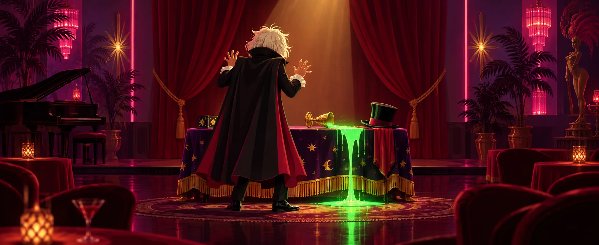 A magician in a cape and bad wig stands frozen in shock as a glowing green liquid spills across his trick table in a tacky lounge.