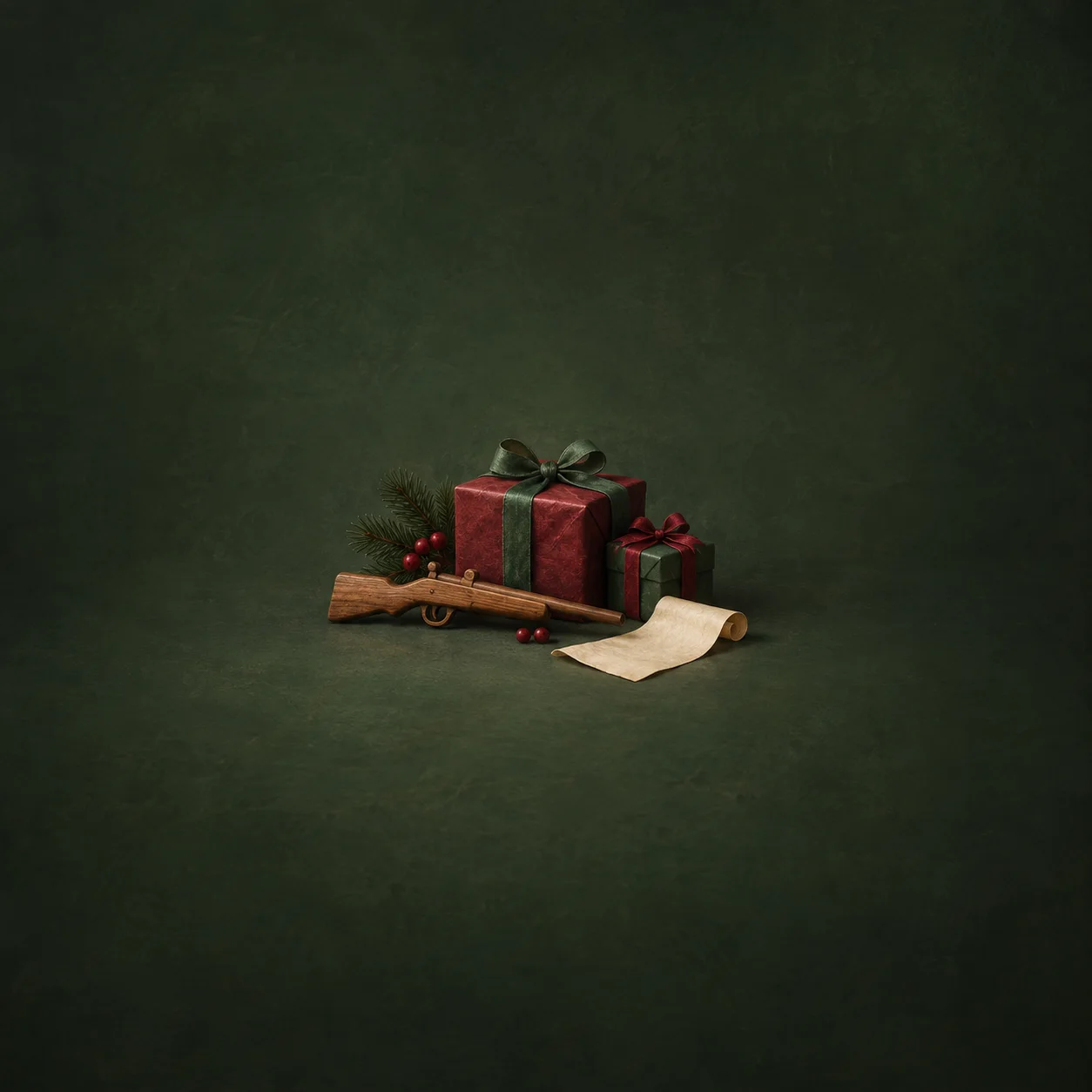 A small wooden toy rifle lies beside red-and-green wrapped gifts and a curled sheet of blank paper.