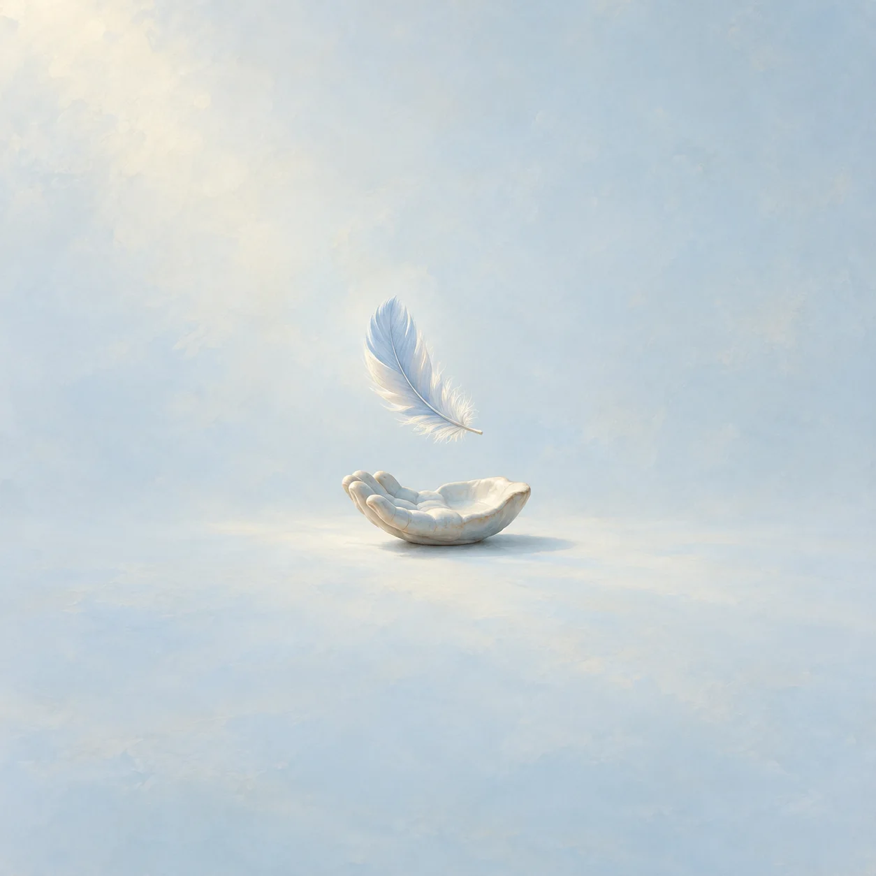 A white feather floats above a shallow hand-shaped ceramic dish against a pale blue background.