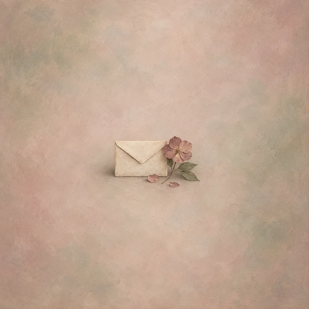 Blank sealed envelope beside pressed pink flower with stem, leaves and loose petals
