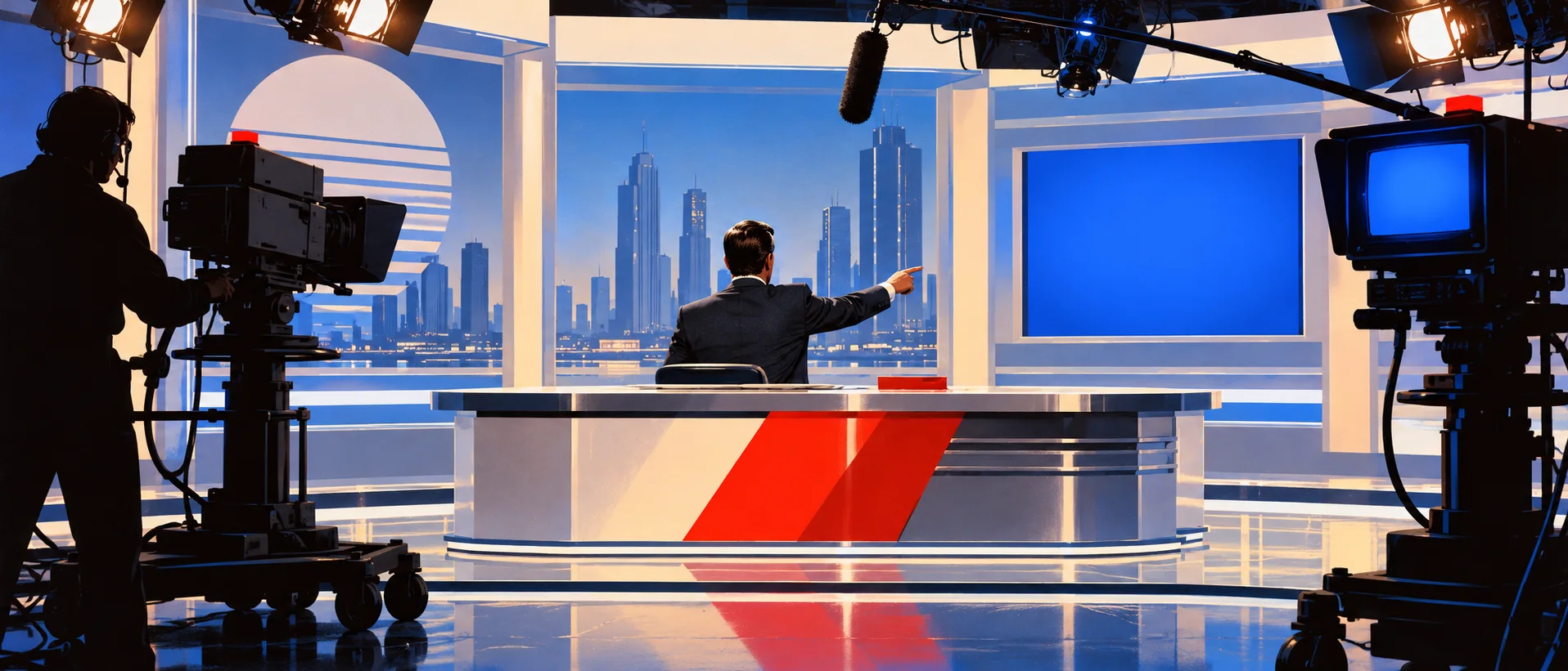 A host at a glossy 1980s television news desk points toward the cameras in a bright studio, a city skyline on the screens behind.