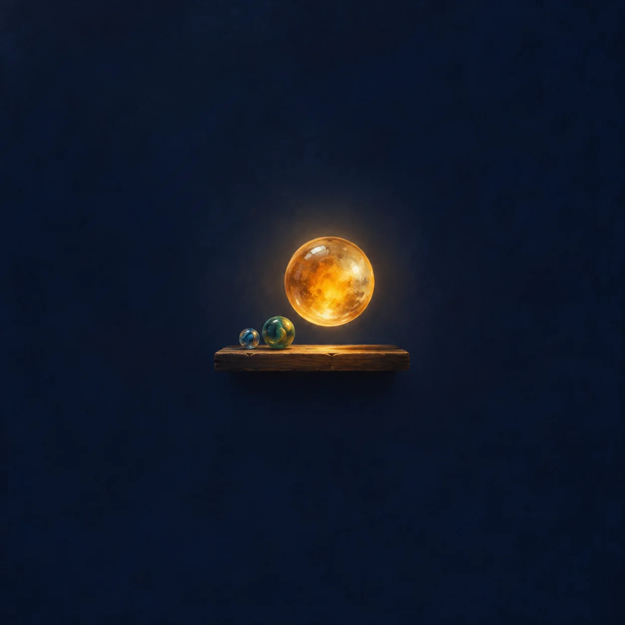 Two small glass marbles beneath a much larger glowing amber sphere against deep indigo.