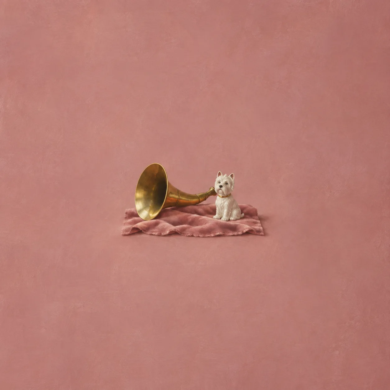 A brass ear trumpet rests beside a small white terrier figurine on folded rose cloth.