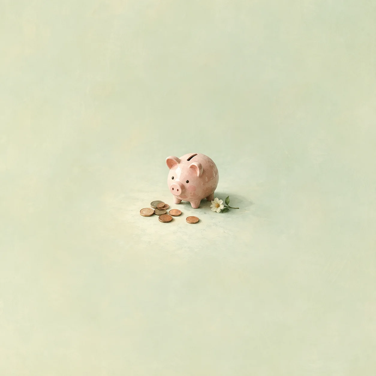 A pink piggy bank with scattered coins and a small white flower on a pale green surface.