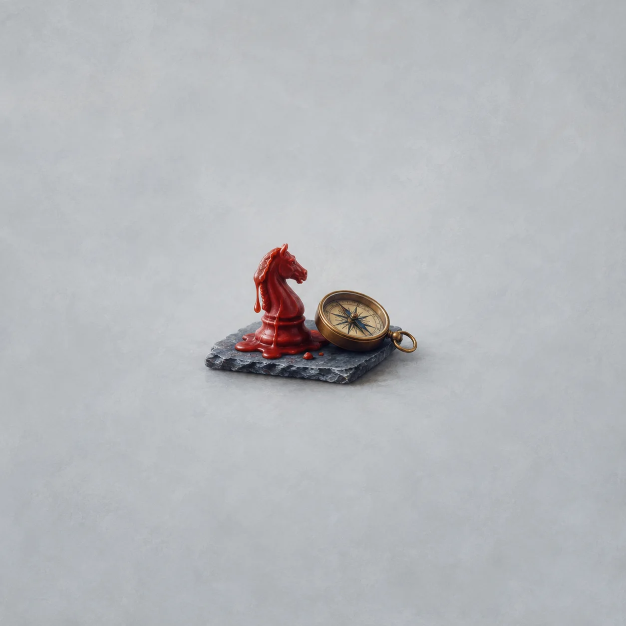 A red wax chess knight with melted wax at its base stands beside a brass compass on slate.