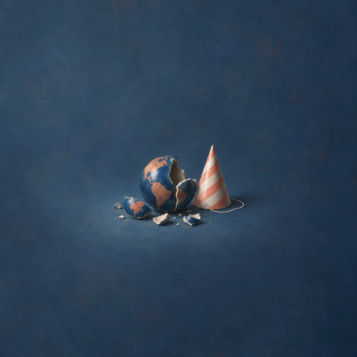 A broken blue-and-peach globe sits beside a striped party hat and scattered fragments against a blue background.