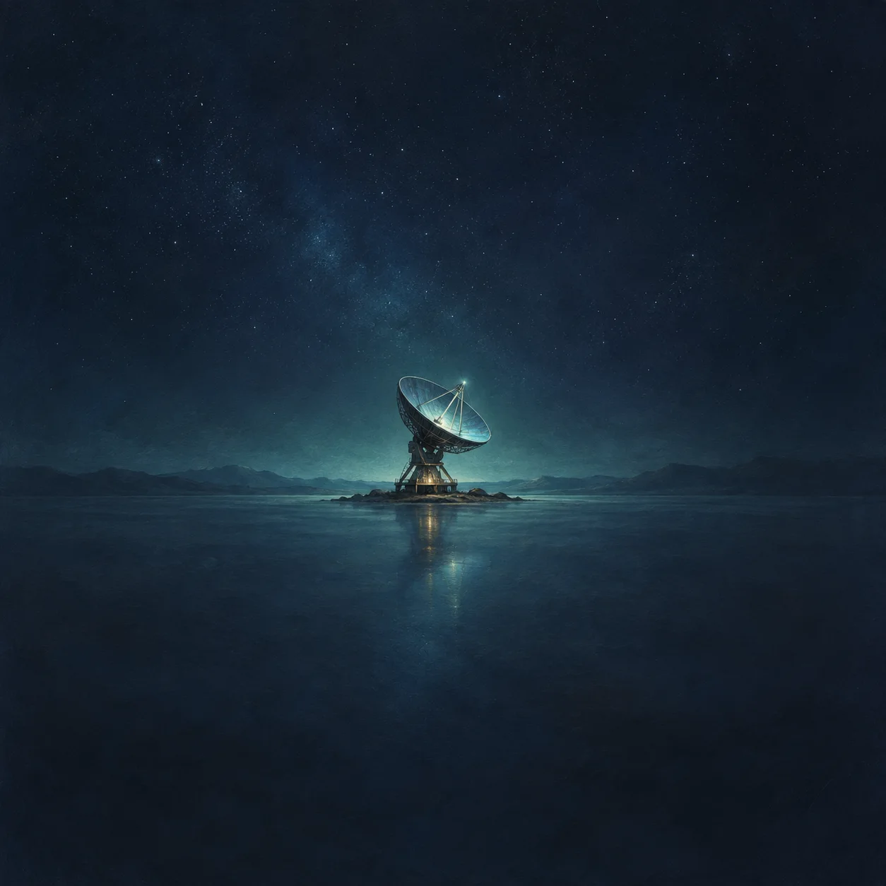 Painterly radio dish beneath a starry sky reflected in dark, still water.