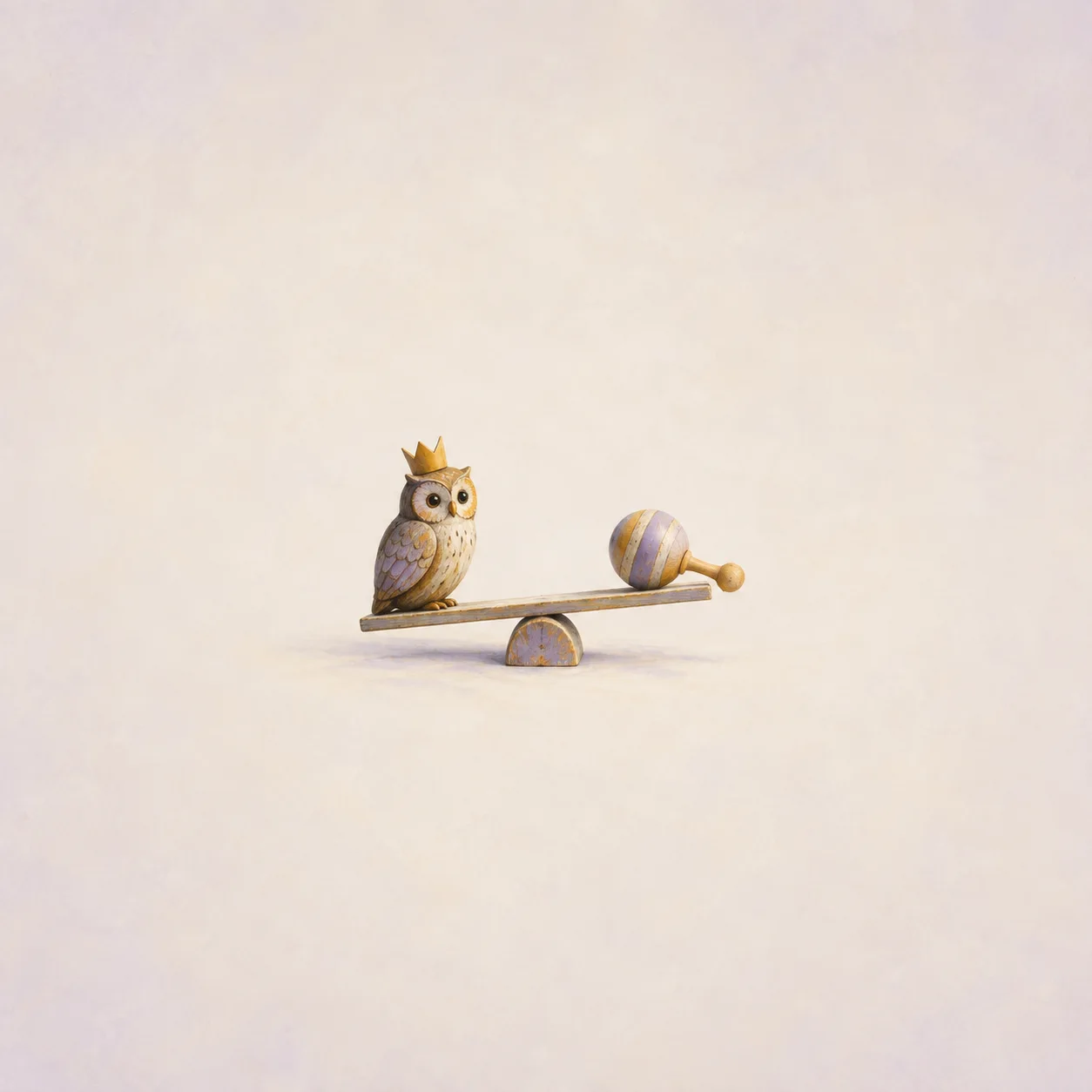 A crowned wooden owl balances on a seesaw opposite a striped baby rattle against ivory.