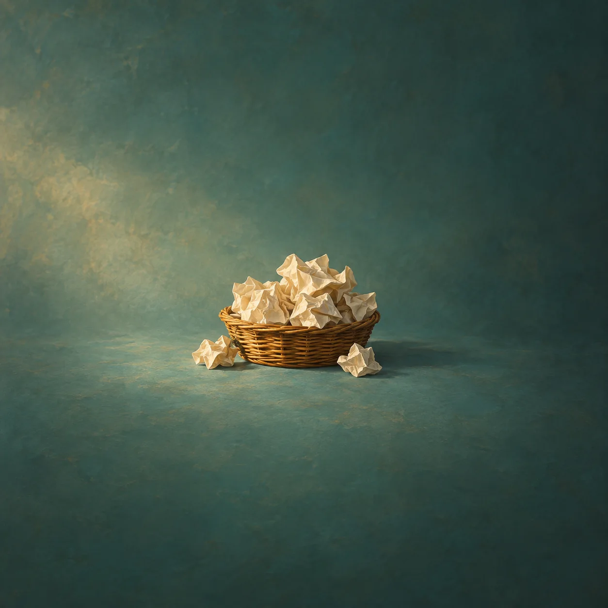A wicker basket overflows with crumpled pale paper, with loose pieces scattered beside it on a teal surface.