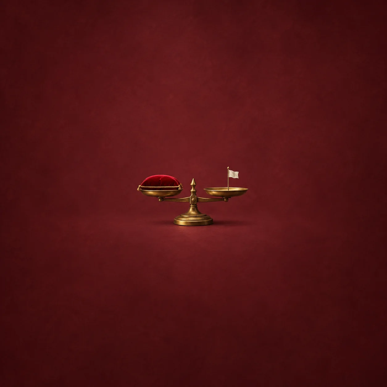 A brass balance scale holding a red cushion on one pan and a tiny white flag on the other against a burgundy background.