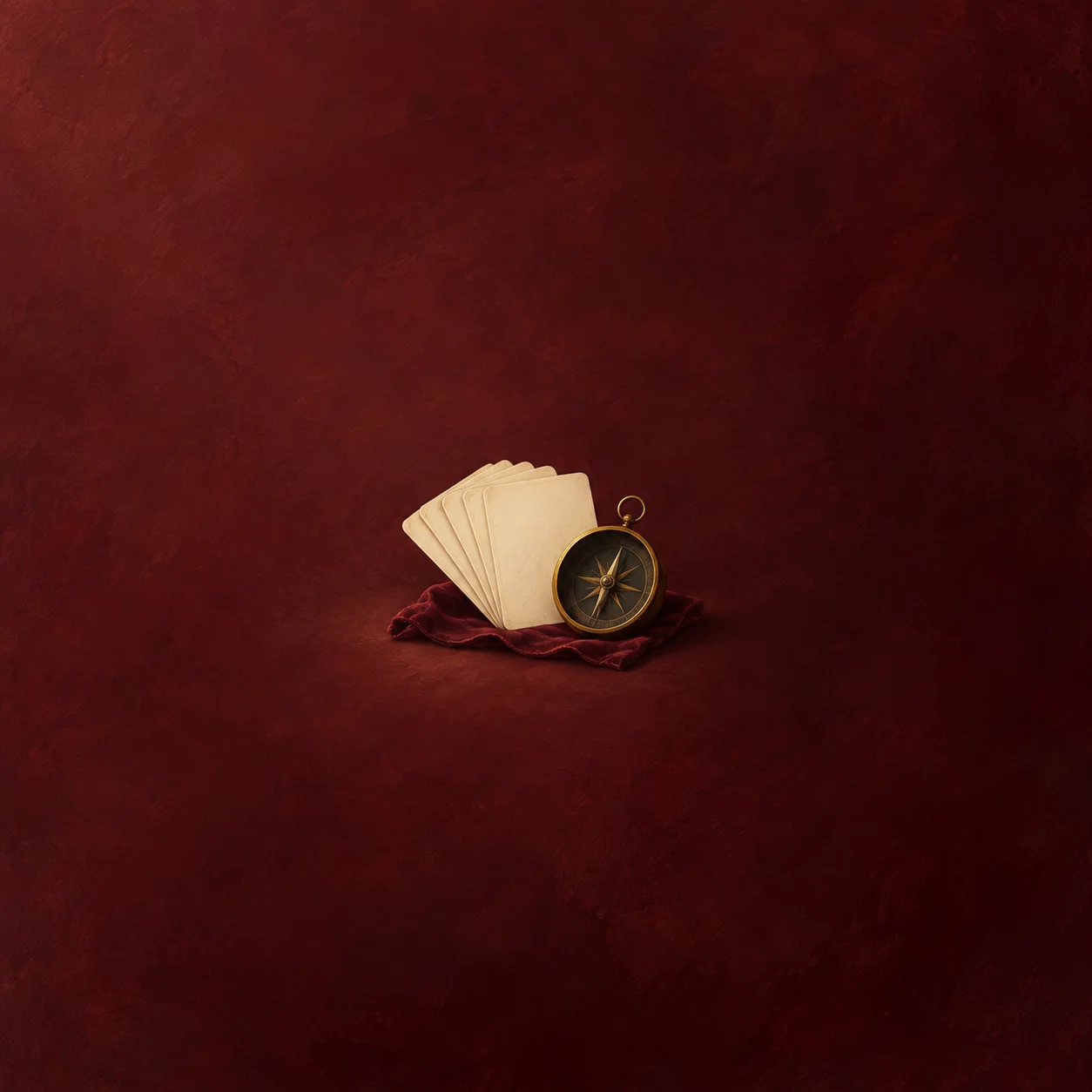 Fan of blank cream cards beside a small brass compass on burgundy cloth