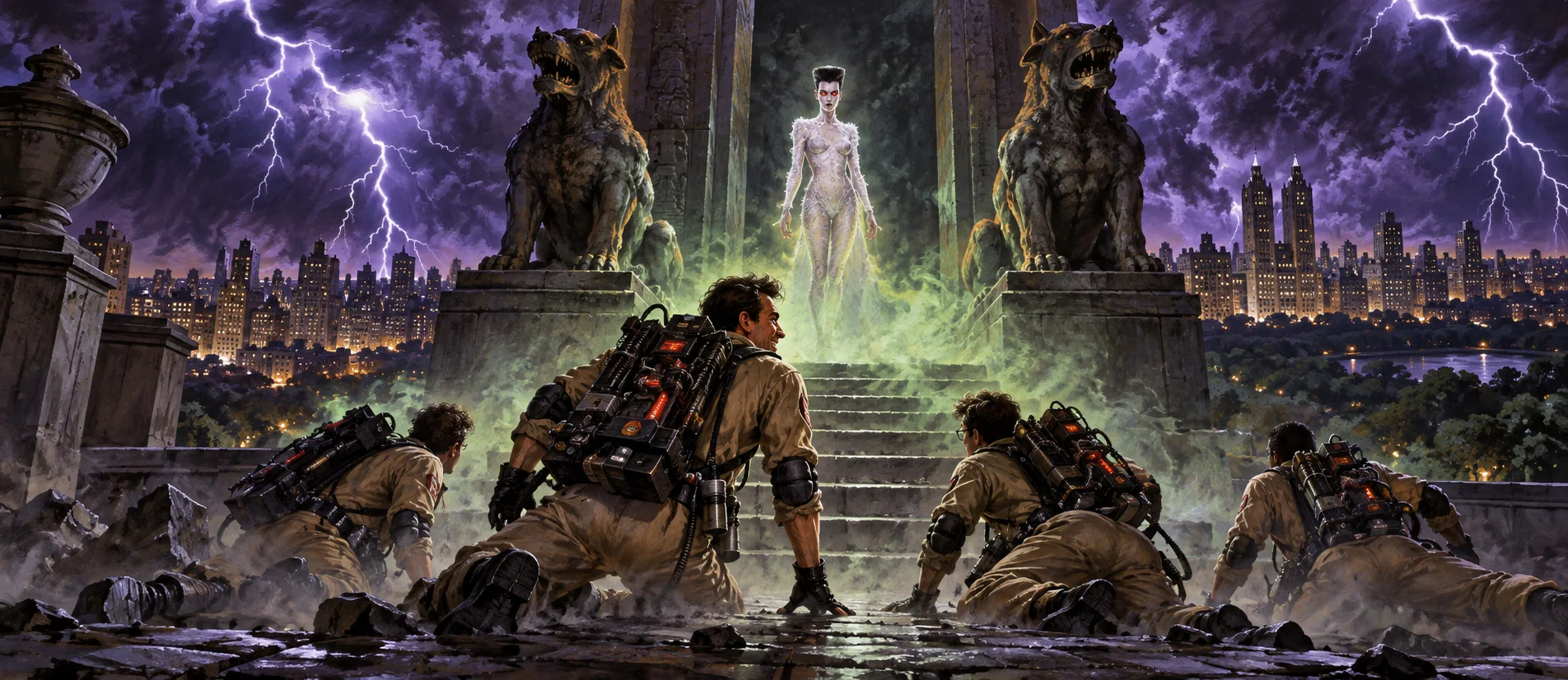 Four men in tan jumpsuits with backpack generators climb to their feet on a rooftop temple as a pale figure waits between stone dog statues in a lightning storm.
