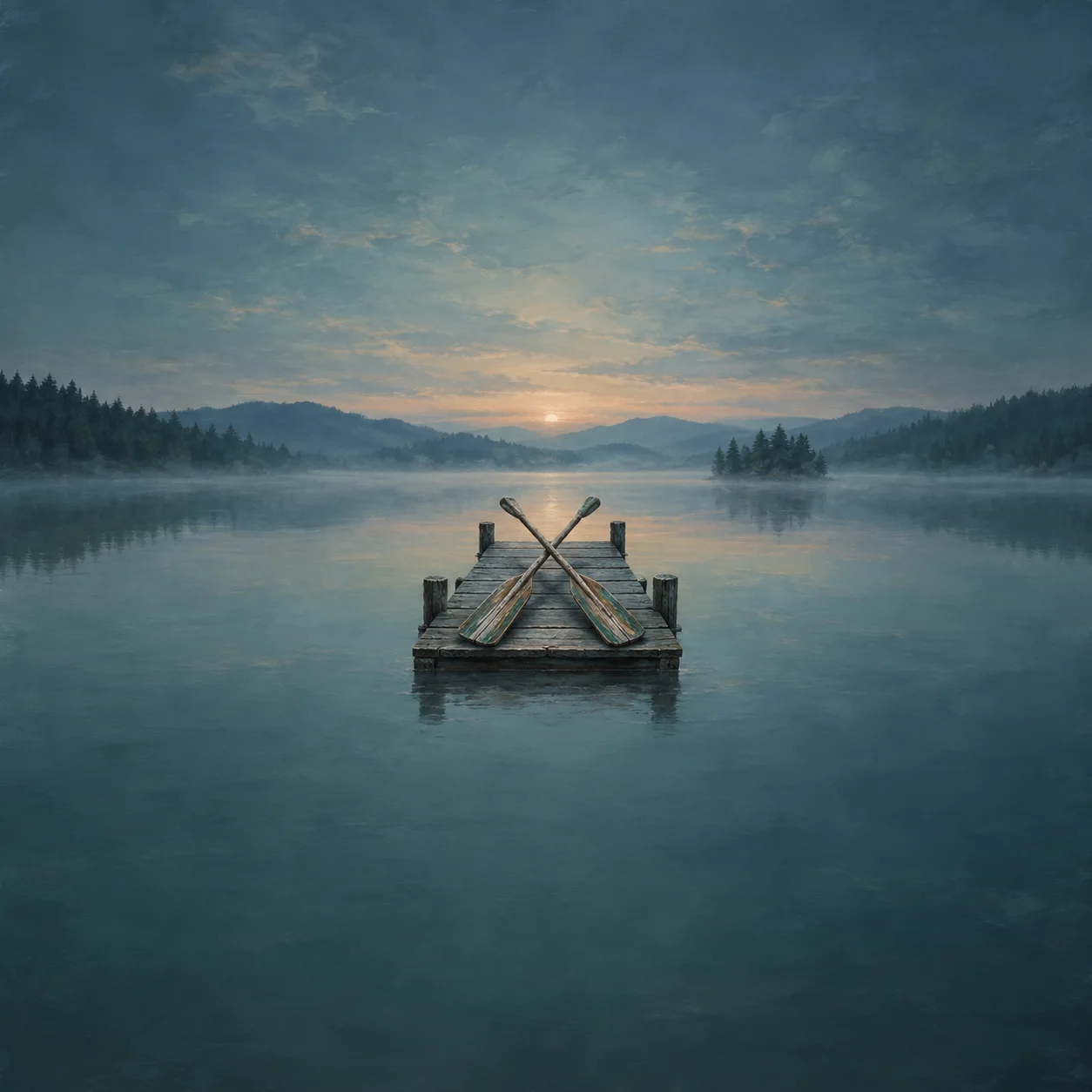 Two worn wooden oars lie crossed on a small dock extending into a calm blue lake.