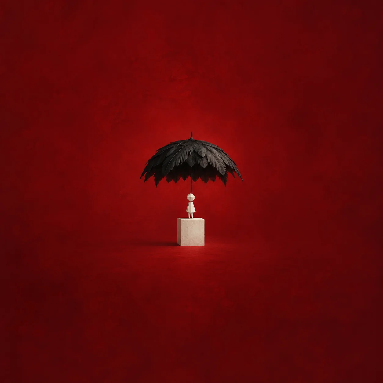 A black feathered umbrella floats above a tiny pale figure standing on a white pedestal against crimson.