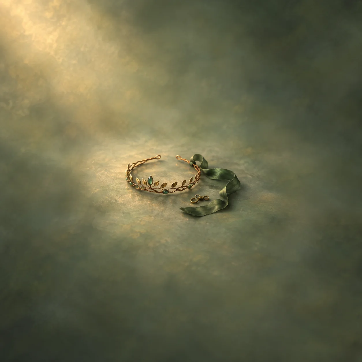A leafy metal circlet lies beside loose green ribbon on a misty olive background.