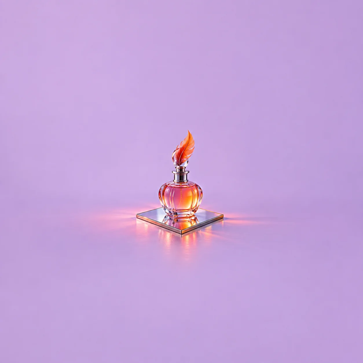 A glowing pink glass perfume bottle with an orange feather-shaped stopper stands on a mirrored tile.