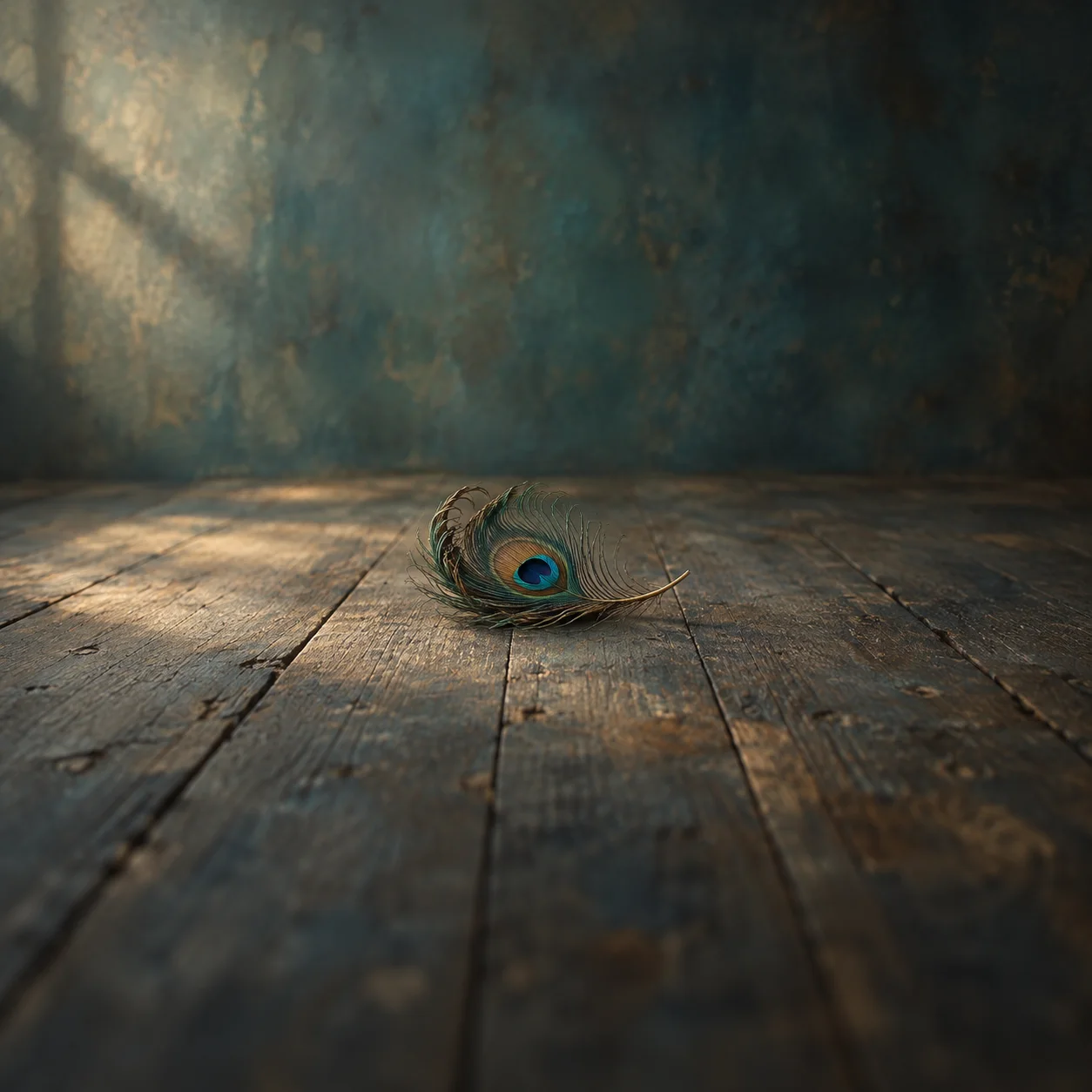 A curled peacock feather rests on worn wooden floorboards in slanting light.