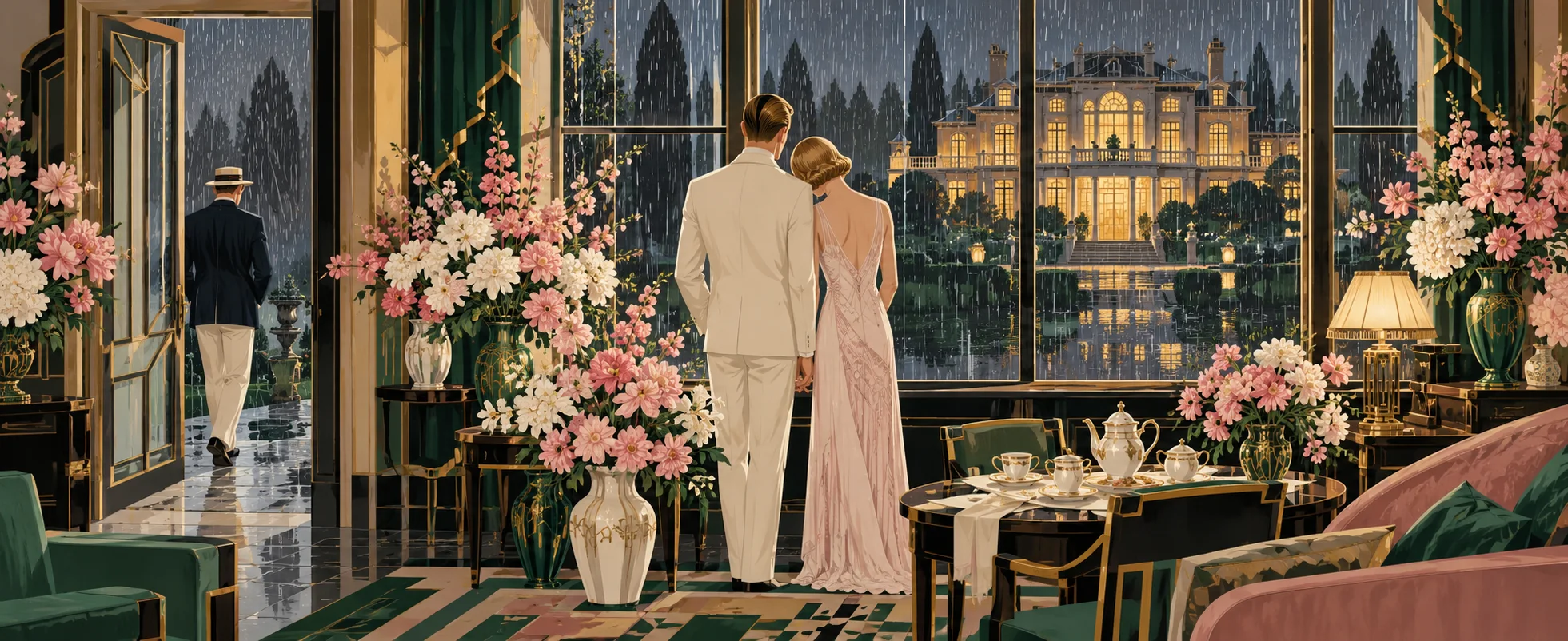 In an art deco room crowded with pink and white flowers, a man in a white suit and a woman in a pale gown stand together at a rain-streaked window, seen from behind, looking at a lit mansion across the lawn as another man slips out of the door into the rain.