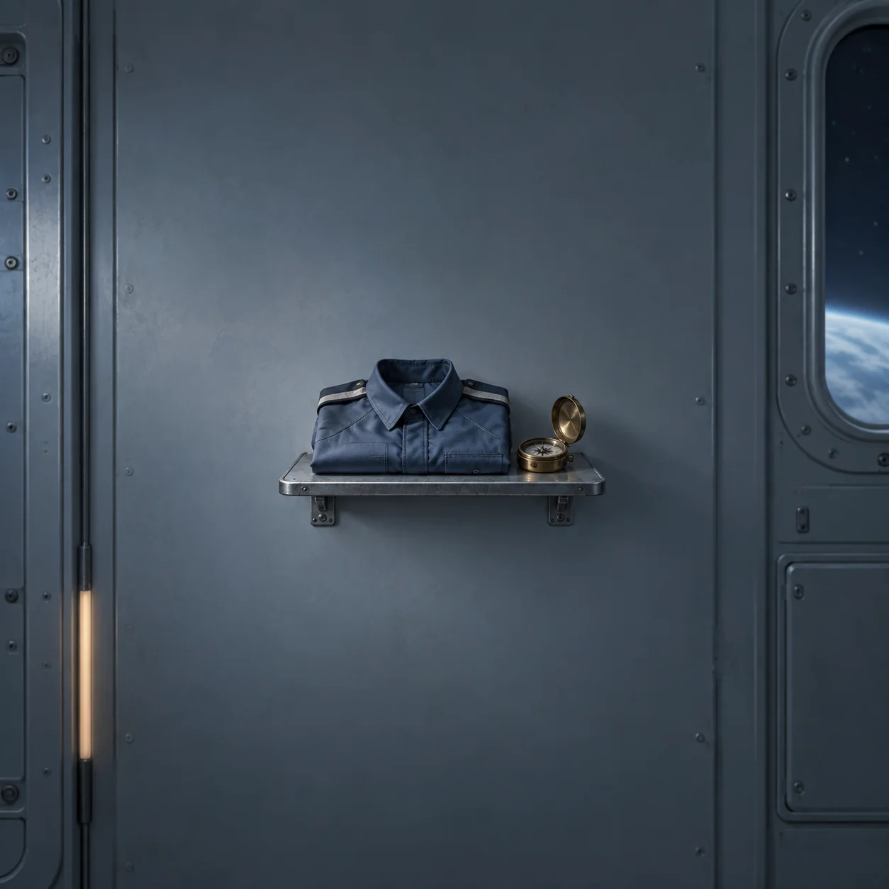Painterly folded blue uniform shirt and brass compass on a metal shelf beside a spacecraft window.