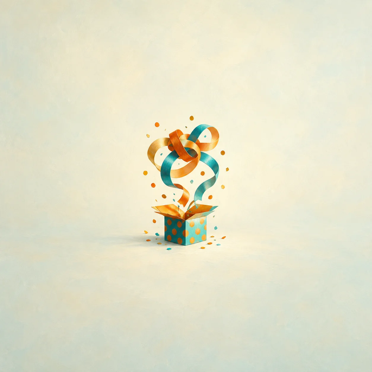 Orange and teal ribbons loop above an open patterned gift box with scattered confetti on pale cream ground.