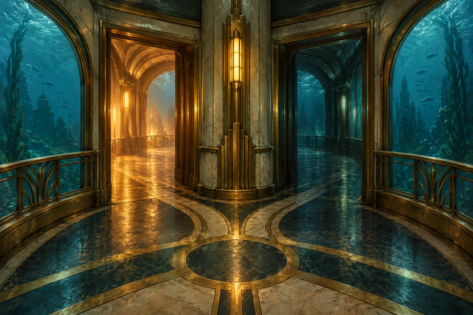 Two open doorways, one amber and one teal, meet in an empty underwater Art Deco concourse with ocean windows.