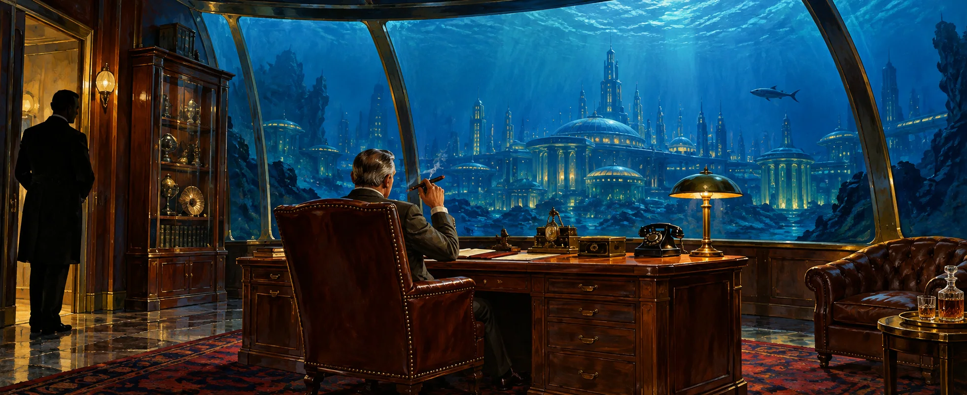 A grey-haired man sits at a broad desk before a huge window onto an underwater city as a figure waits by the door.