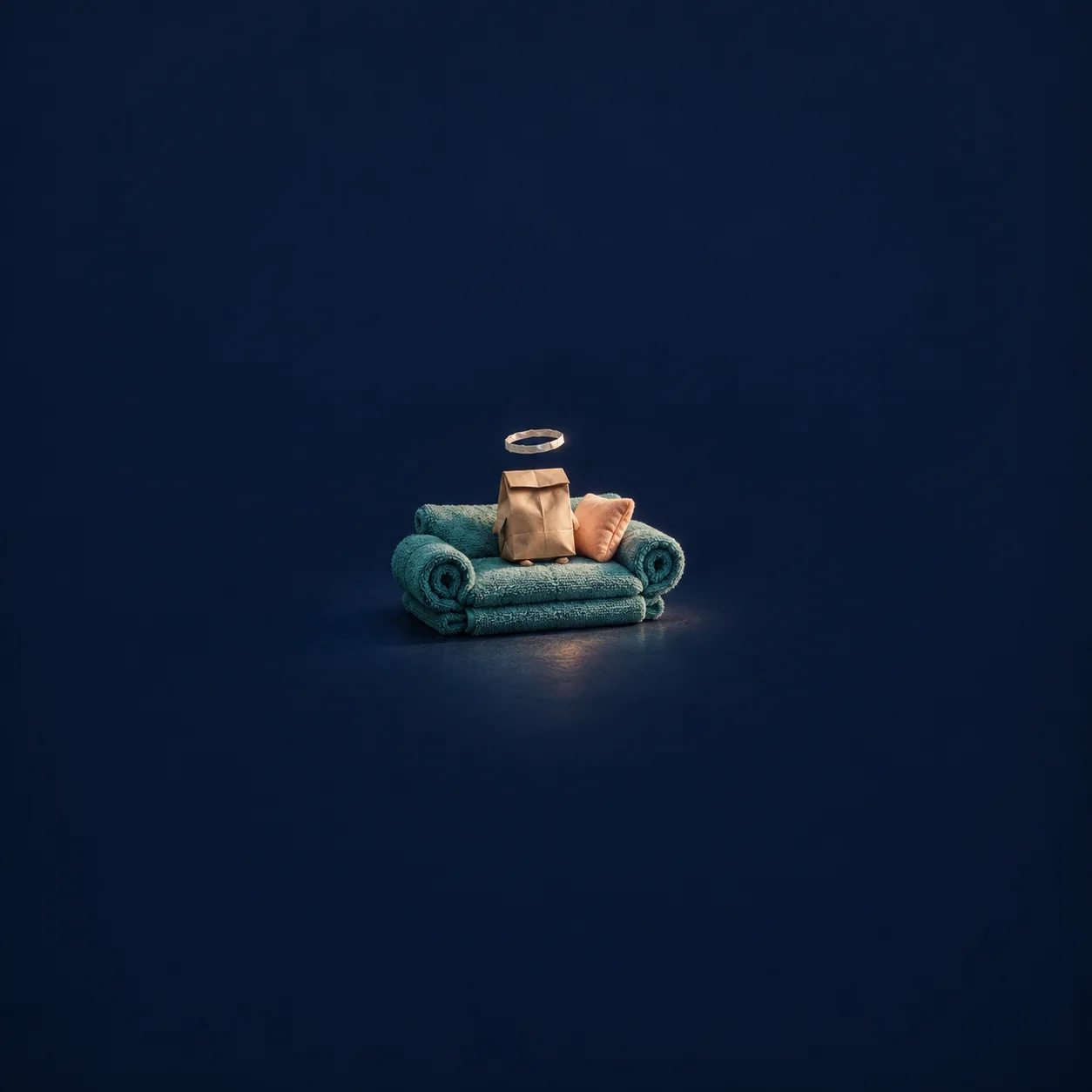 A tiny couch made from rolled teal towels holds a brown paper bag beneath a floating pale halo.