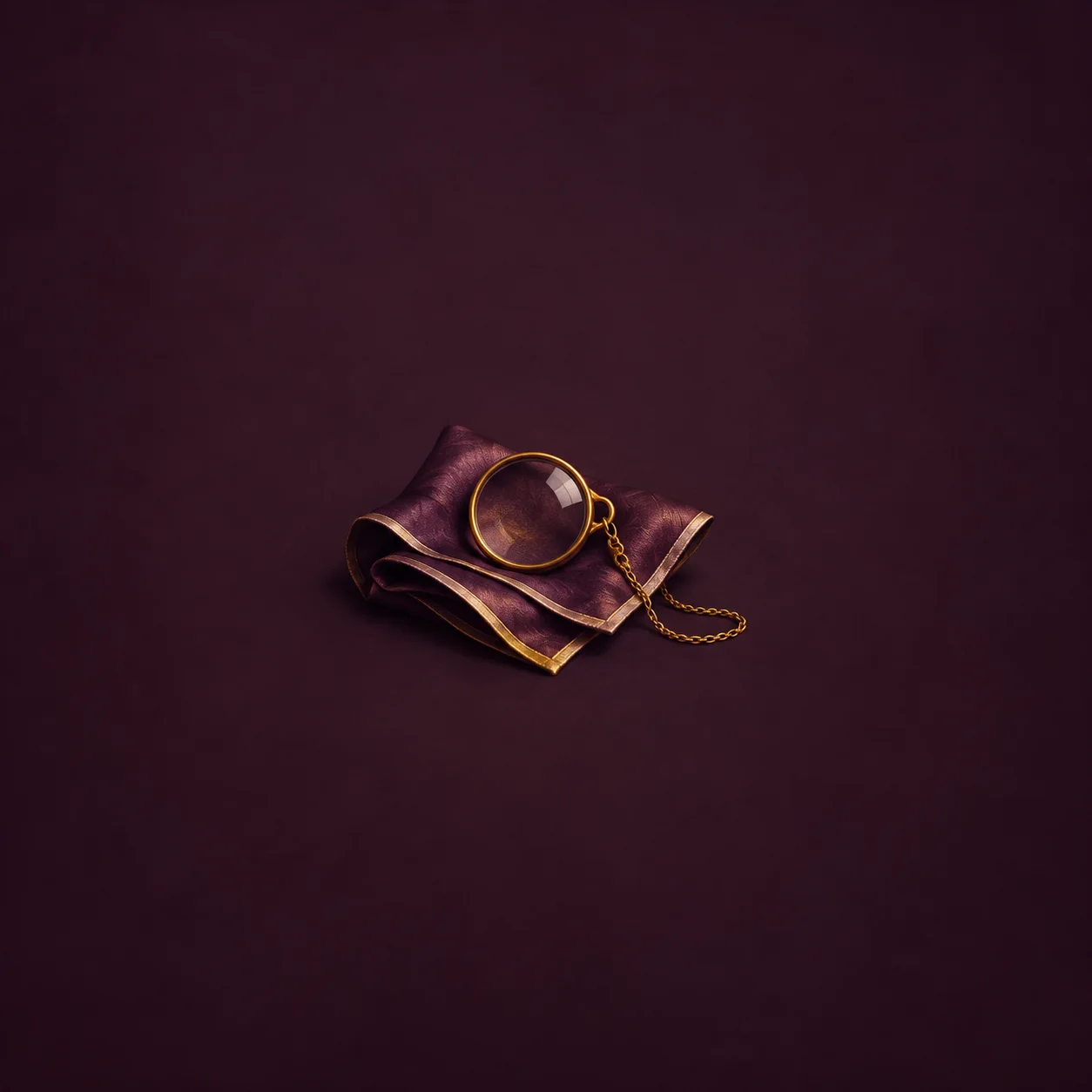 A gold-rimmed monocle with a fine chain rests on folded plum-colored fabric with a gold edge.