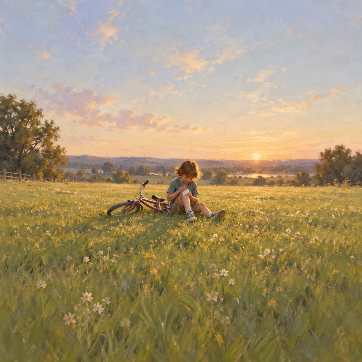 Painterly child tending a bandaged knee beside a fallen bicycle in a sunlit meadow.
