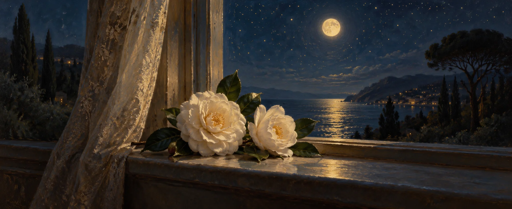Two pale camellia flowers rest on a moonlit windowsill beneath a sky full of small golden stars.