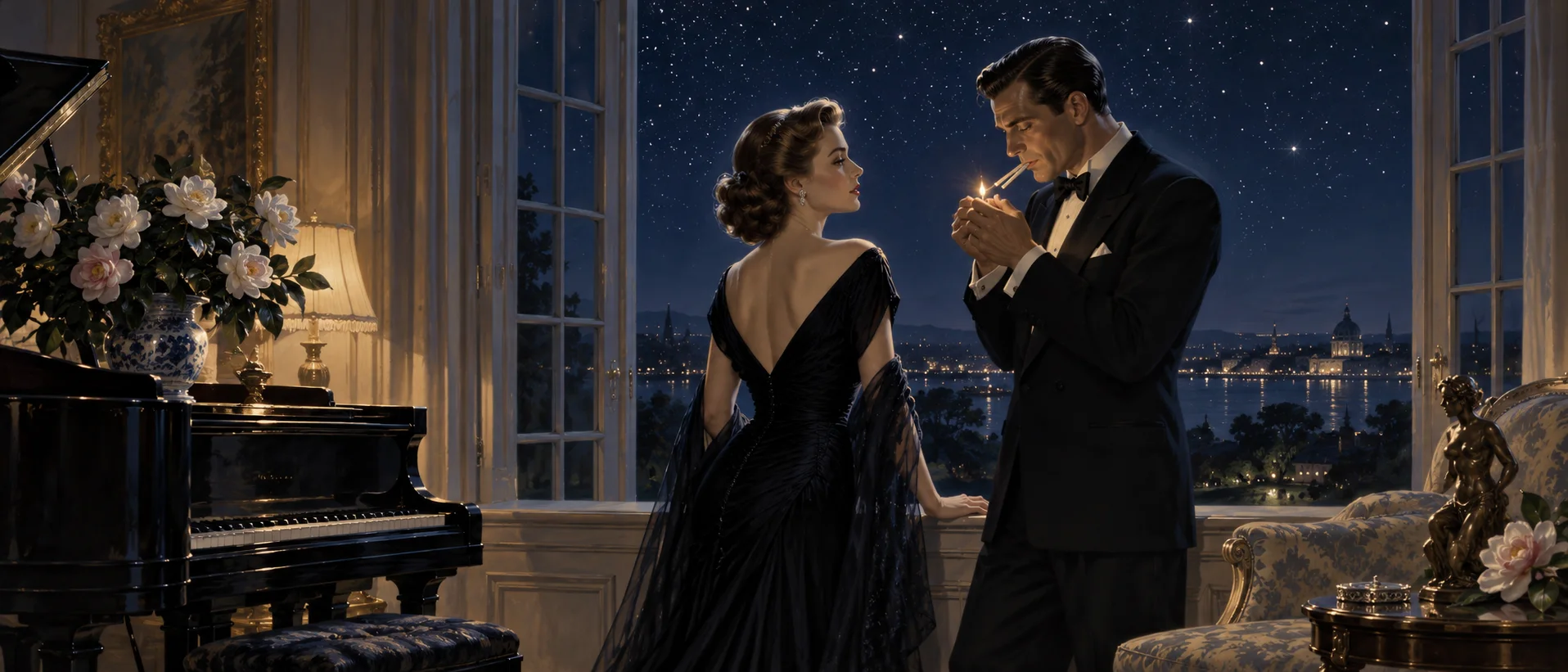 In an elegant drawing room at night, a man in a dinner suit lights two cigarettes at once beside a woman in a dark gown at a starry window.