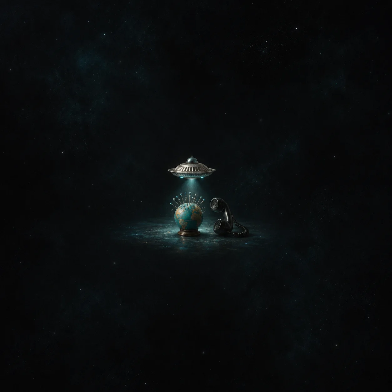 A miniature silver flying saucer above a small globe beside a black telephone receiver in darkness.