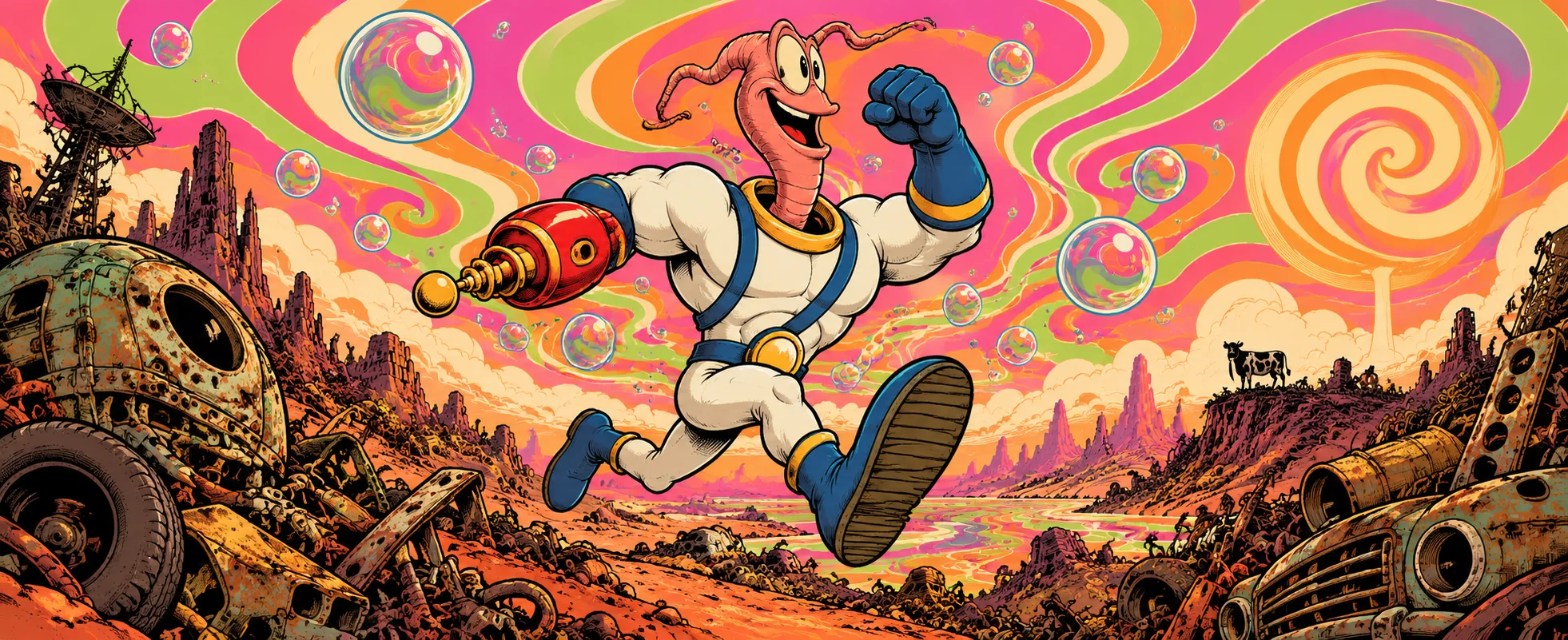 A cartoon earthworm in a white space suit with a ray gun bounds through a psychedelic junkyard.