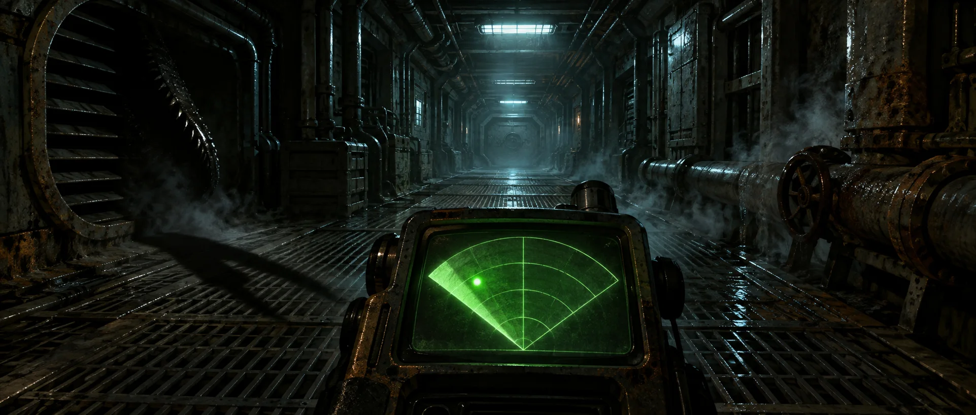 A handheld motion tracker glows with a single green blip in the foreground of a dark, dripping spaceship corridor.