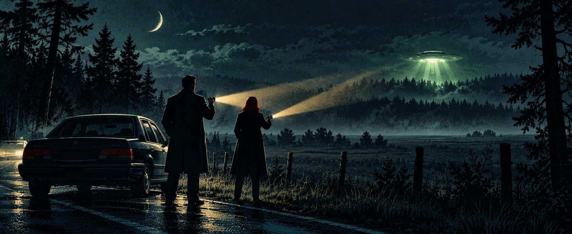Two agents in long coats shine flashlights across a dark field toward a glowing saucer hovering over the pines, their car parked on the road.