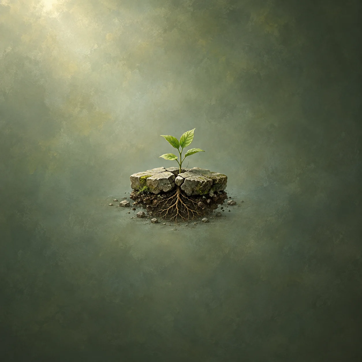 A green seedling rises through a cracked stone slab, with roots spreading through exposed soil against a moss-green background.