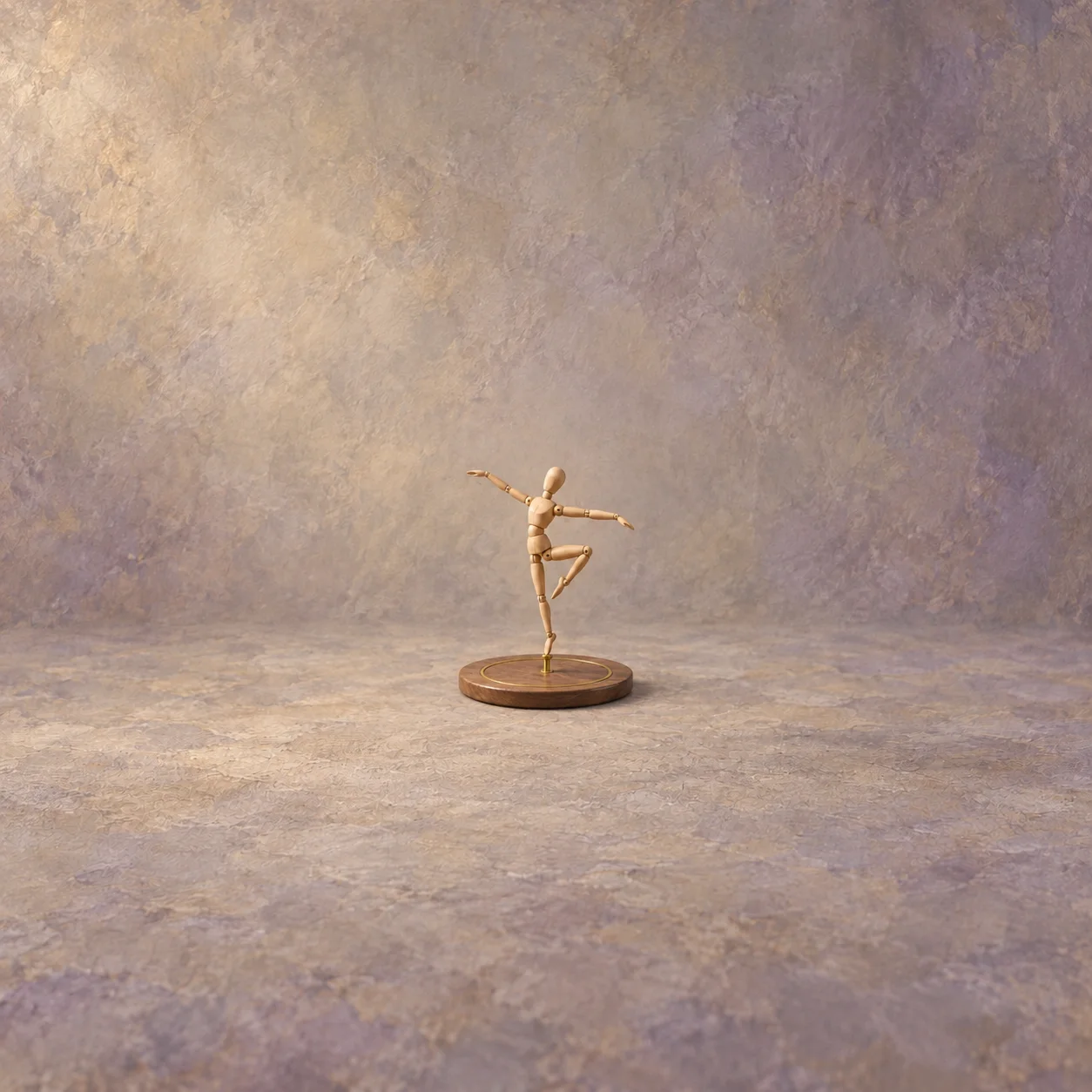 An anonymous jointed wooden dancer extends its arms and lifts one knee, balanced on a brass central pivot above a shallow circular wooden stage inset with a brass ring on pale grey and lilac ground.