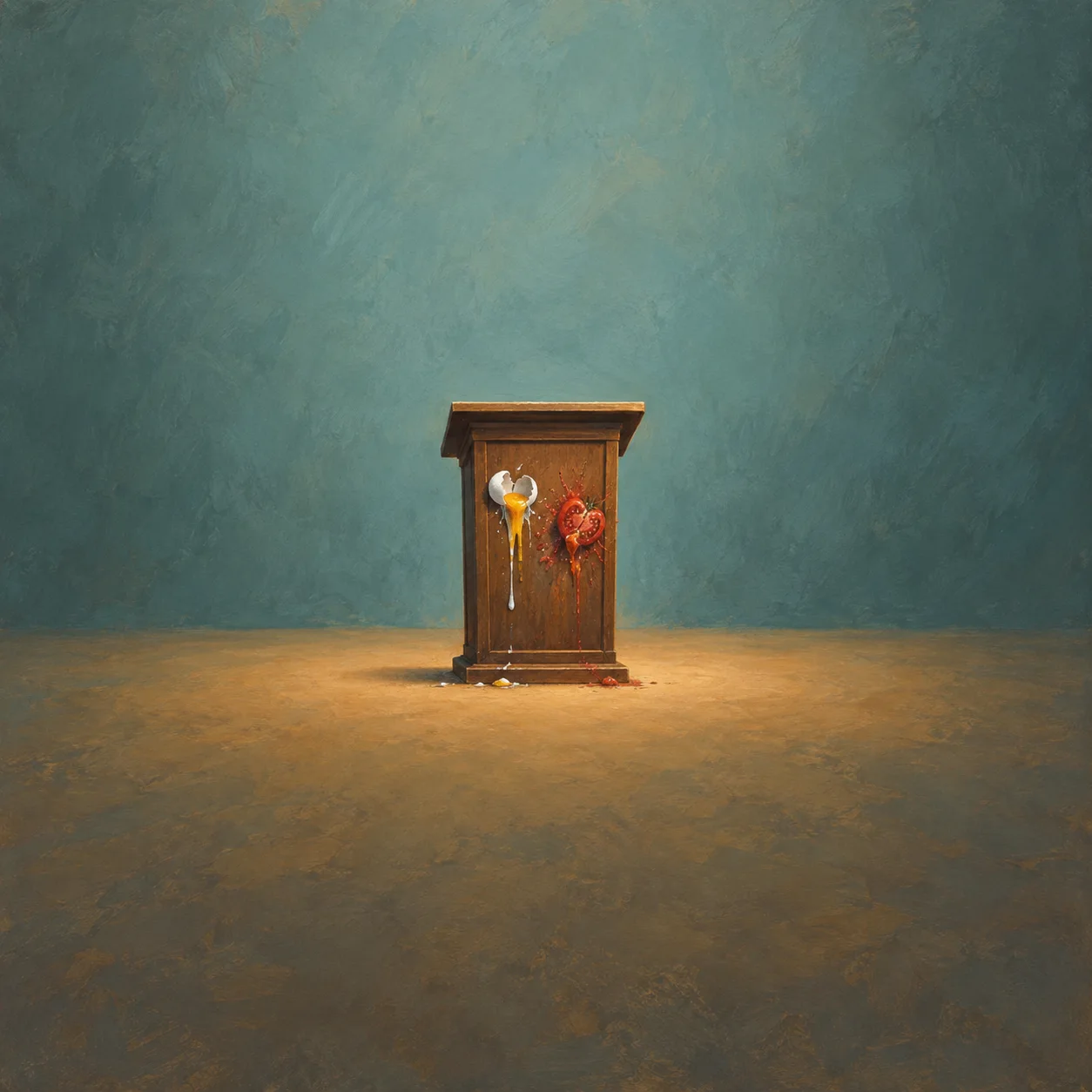 A small wooden podium is splattered with a broken egg and tomato against teal.