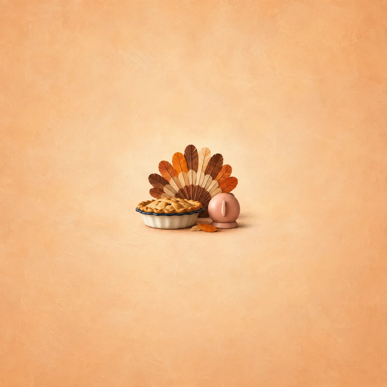 A small pie dish with a fan of brown paper feathers beside a round pink timer.