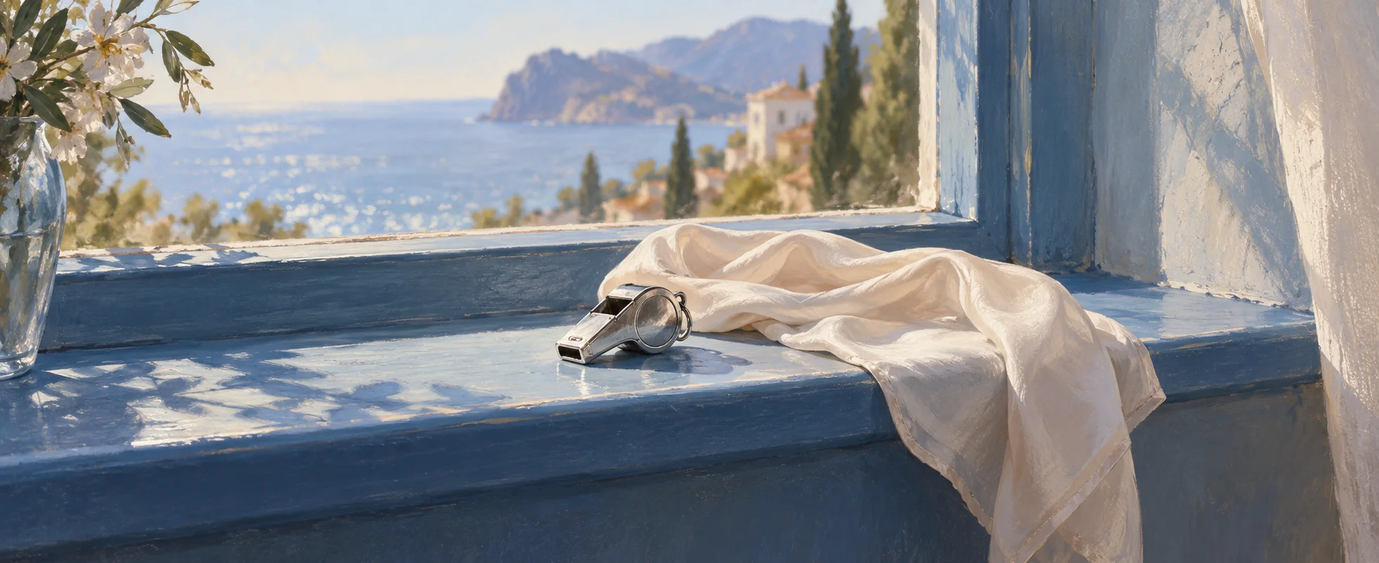 A small silver whistle rests beside a pale silk scarf on a sunlit blue hotel windowsill.