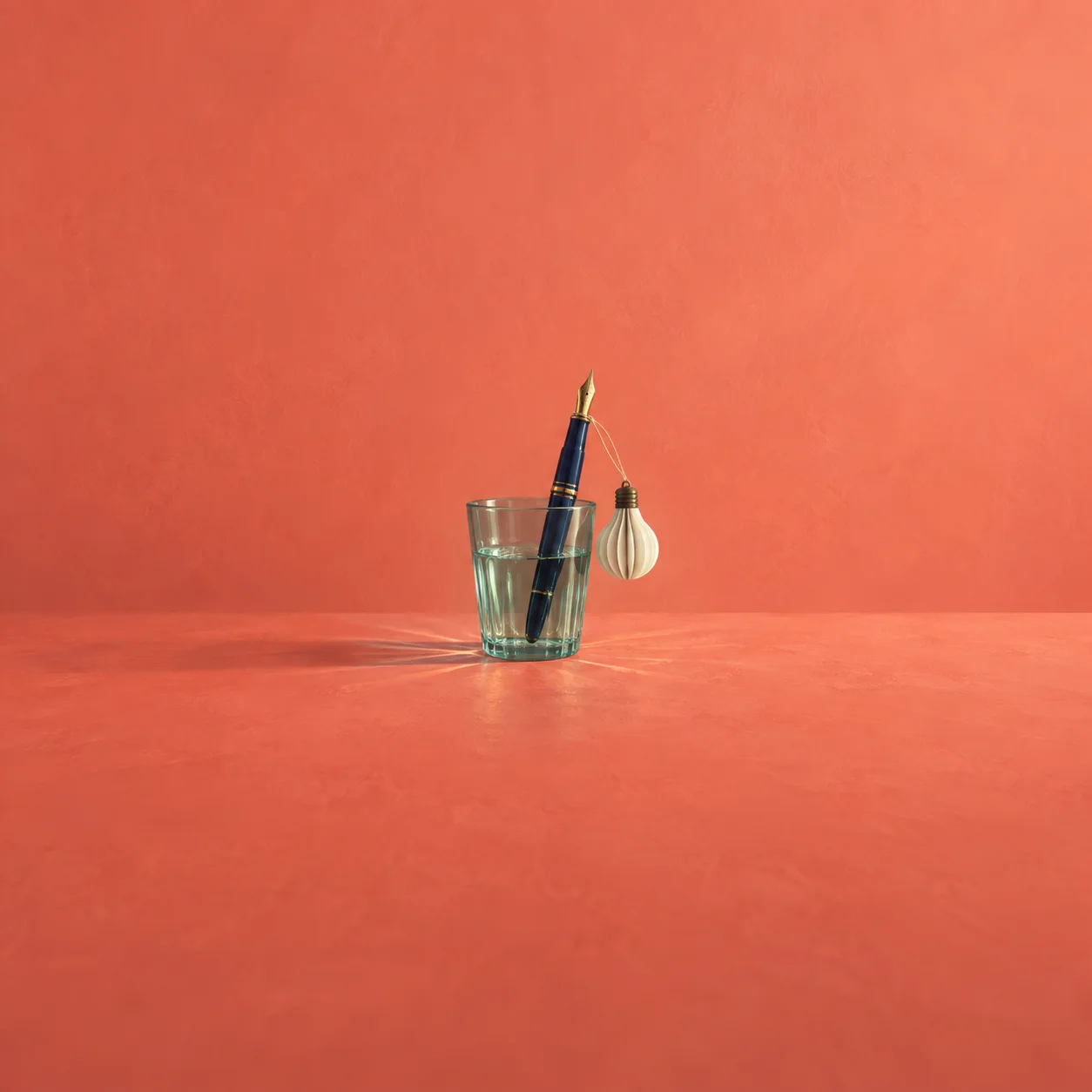 A fountain pen leans in a glass of water with a small pale bulb hanging beside it against a coral background.