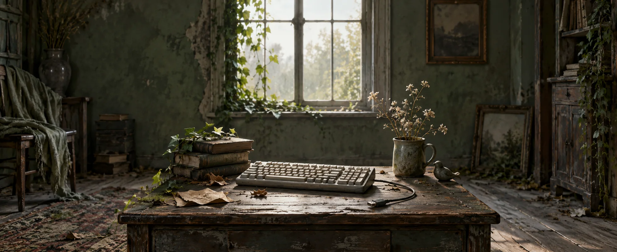 A worn keyboard rests beneath a pale window in an abandoned green-grey room.