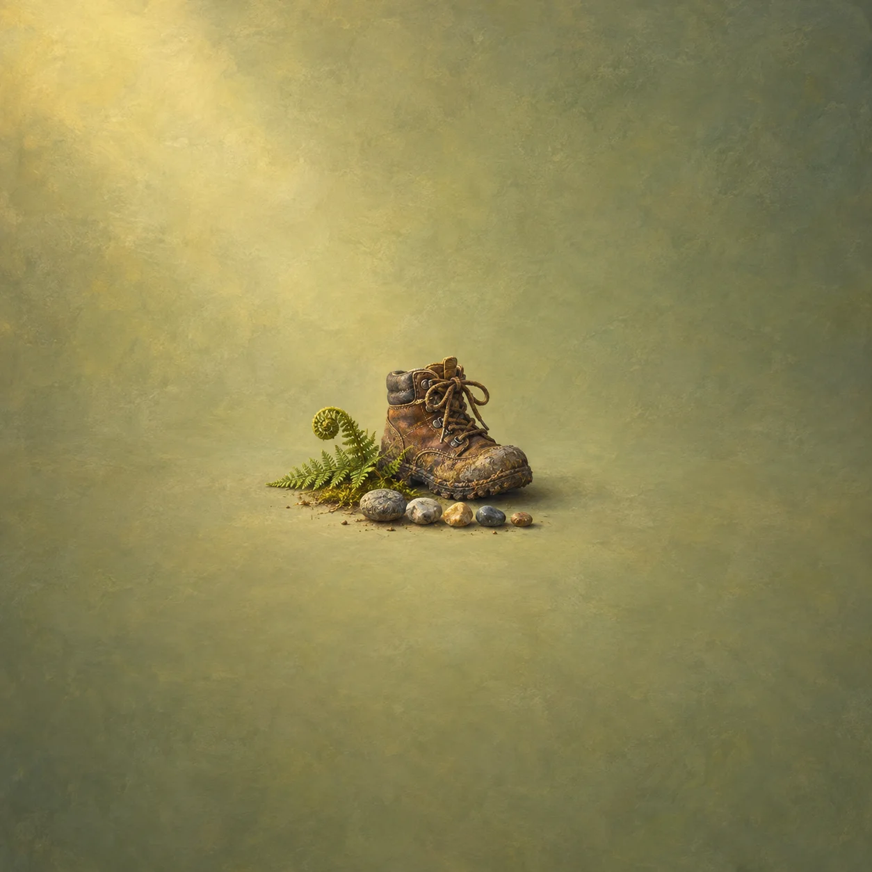 A worn muddy walking boot stands beside a fern and small pebbles against a muted green background.